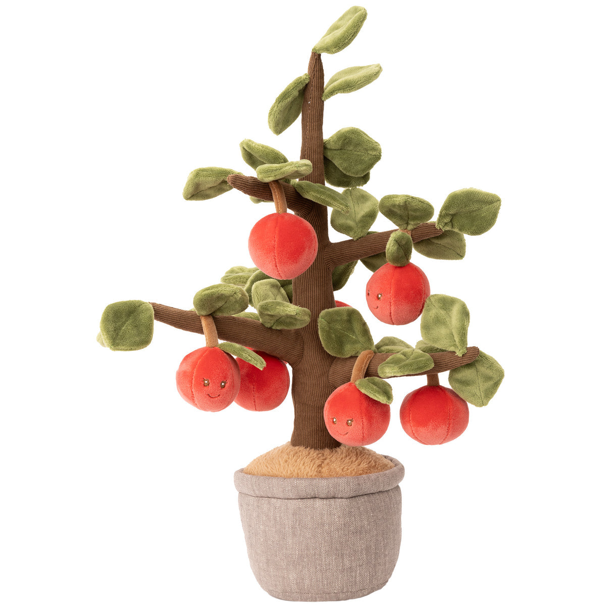 Plush toy apple tree with red apples on a white background