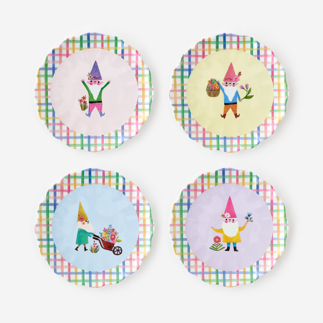 Garden Gnome Scalloped Celebrate Plates, Set of 4