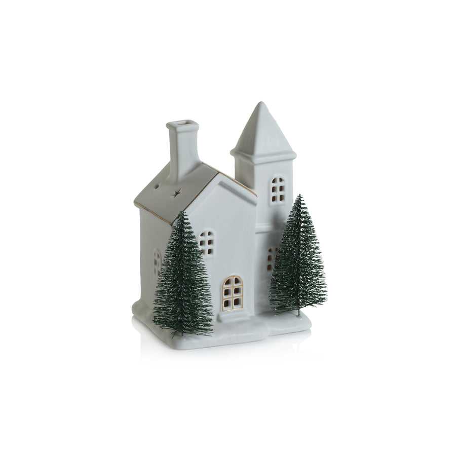 Alpina LED Porcelain House with Trees - Matte White with Green Trees - Christmas Decor by Carlyle Avenue