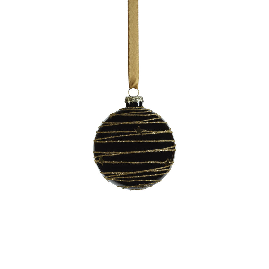 Glass Ball Ornament with Glitter and Stars - Black