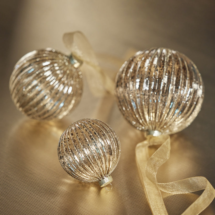 Antique Ribbed with Glitter Glass Ball Ornament - Gold
