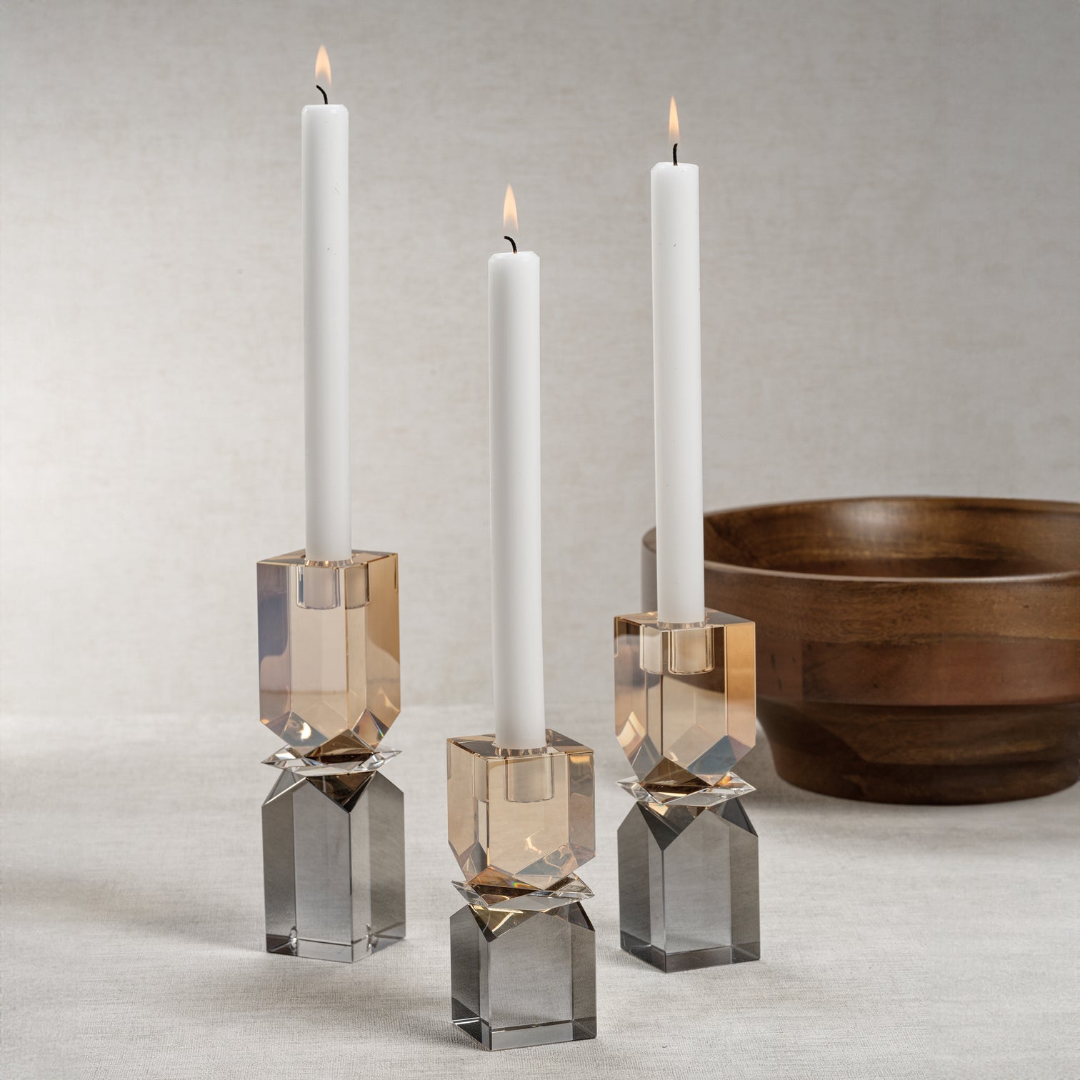 Vienna Two-Tone Crystal Candle Holder - Smoke & Gold