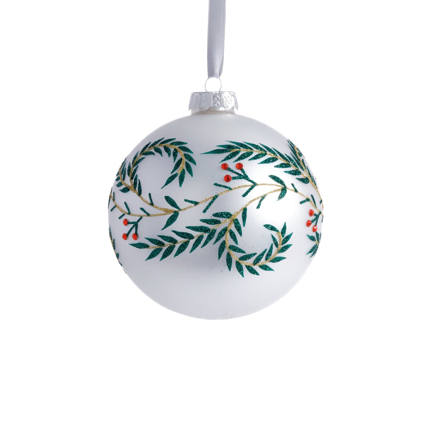 Metallic White Glass Ball Ornament with Green Leaf Design