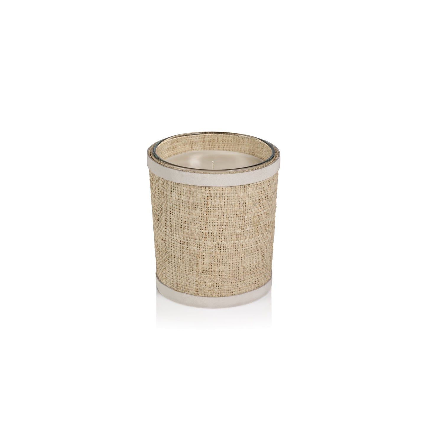 Candle in Natural Raffia Basket w/ Leather Trim - White - Candles by Carlyle Avenue