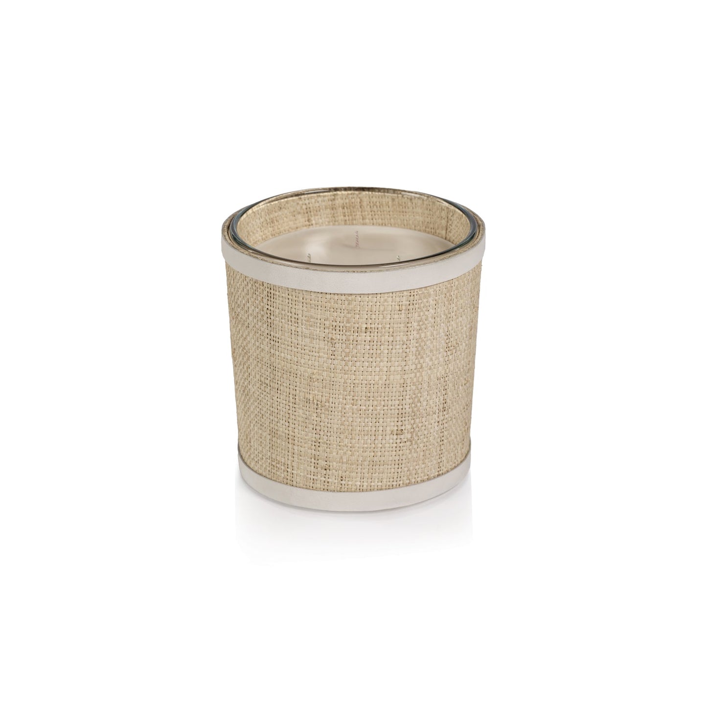 Candle in Natural Raffia Basket w/ Leather Trim - White - Candles by Carlyle Avenue