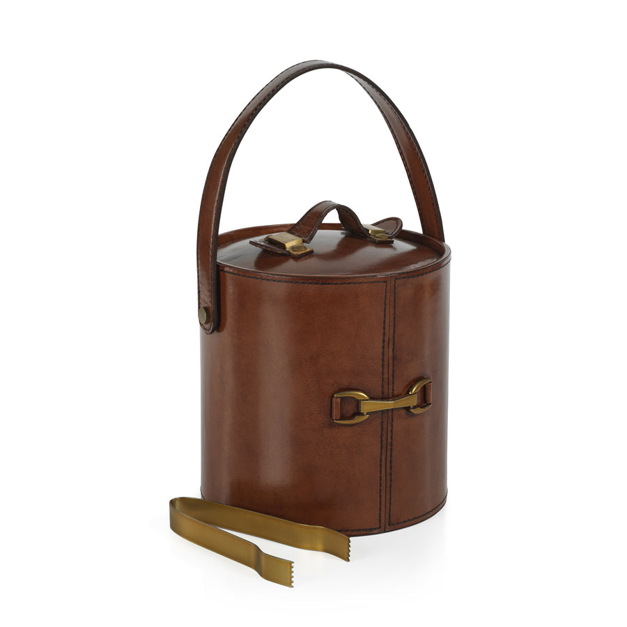 The Connaught Leather Ice Bucket w/ Gold Metal Ice Tong