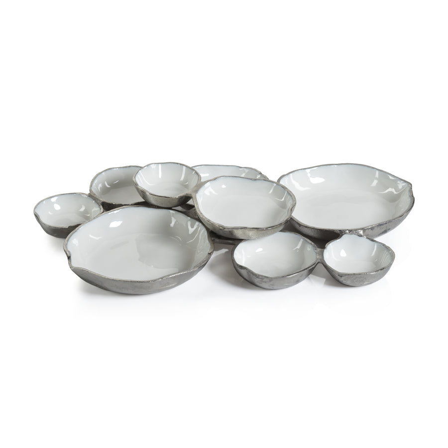 Cluster of Nine Round Serving Bowls - Nickel and White