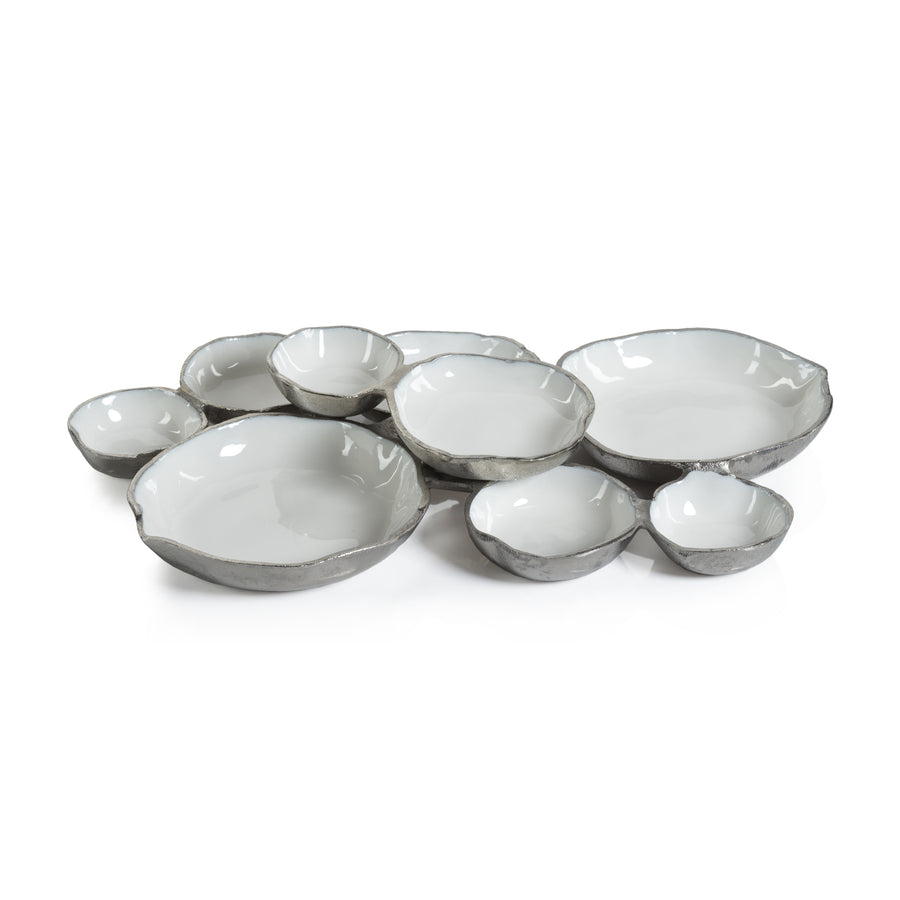 Cluster of Nine Round Serving Bowls - Nickel and White - Bowls by Carlyle Avenue
