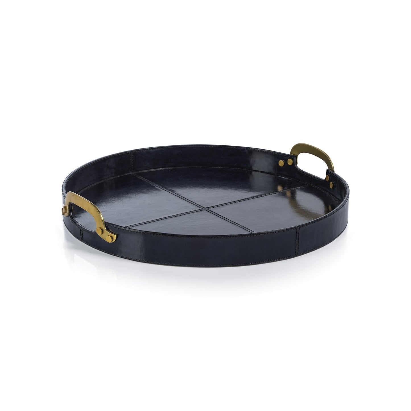 Savoy Leather w/ Brass Handles Round Tray - Blue and Gold - Tray by Carlyle Avenue