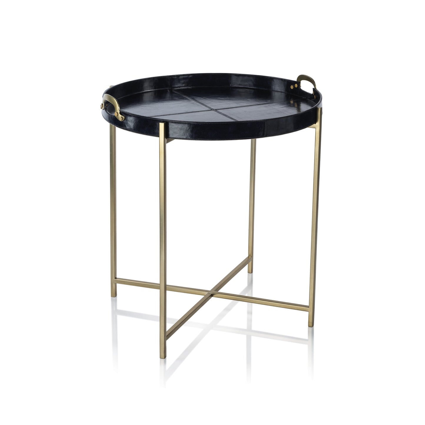 Savoy Leather w/ Brass Handles Round Tray on Stand - Blue and Gold - Furniture by Carlyle Avenue