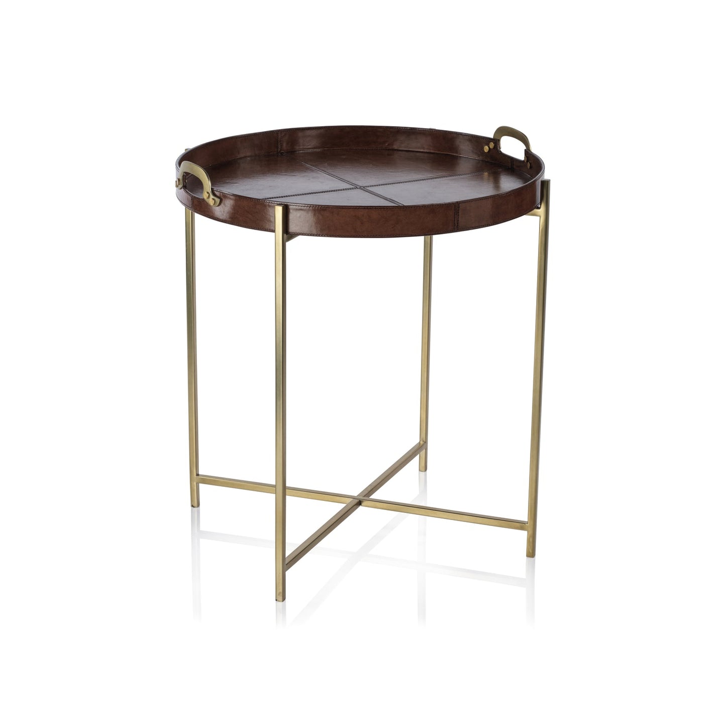 Aspen Leather with Brass Handles Round Tray on Stand - Furniture by Carlyle Avenue