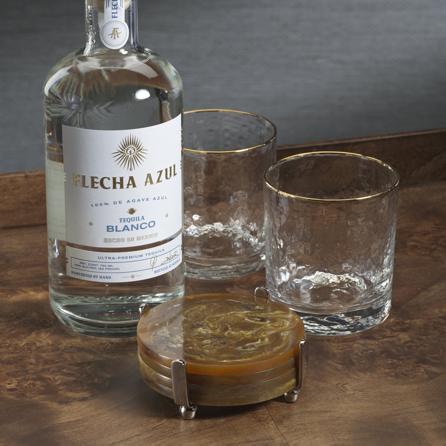 Spiga Coasters Set on Stand - Nickel & Amber