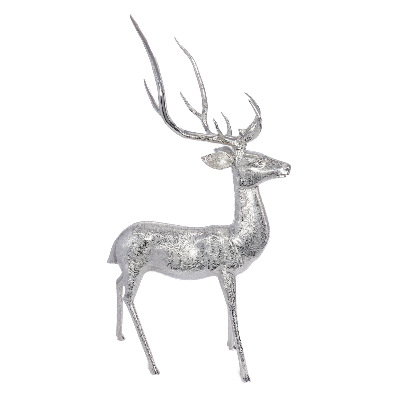 Silver deer figurine on a white background