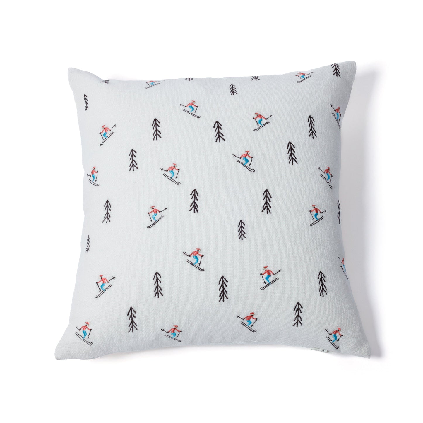 Ski Mountain Cotton Embroidered Throw Pillow - Trees & Skiers