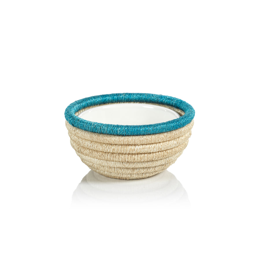Martigues Coiled Abaca Condiment Bowl - Natural & Turquoise - Bowls by Carlyle Avenue