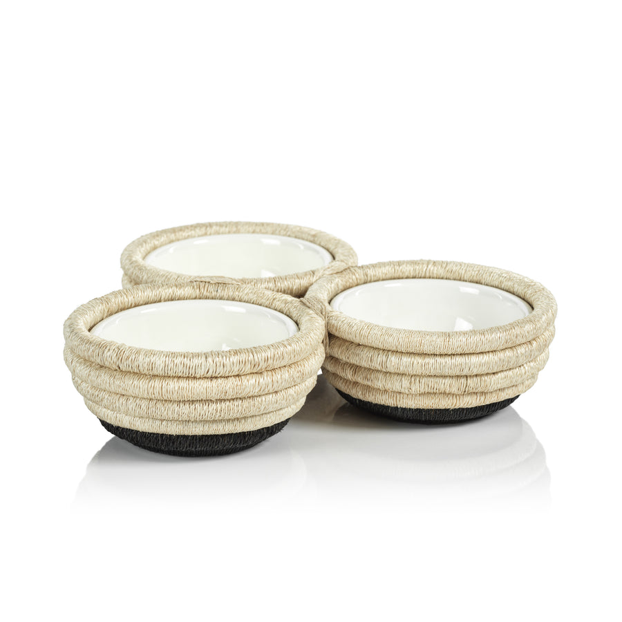Martigues Coiled Abaca 3 Section Condiment Bowl - Natural / Black Base - Bowls by Carlyle Avenue