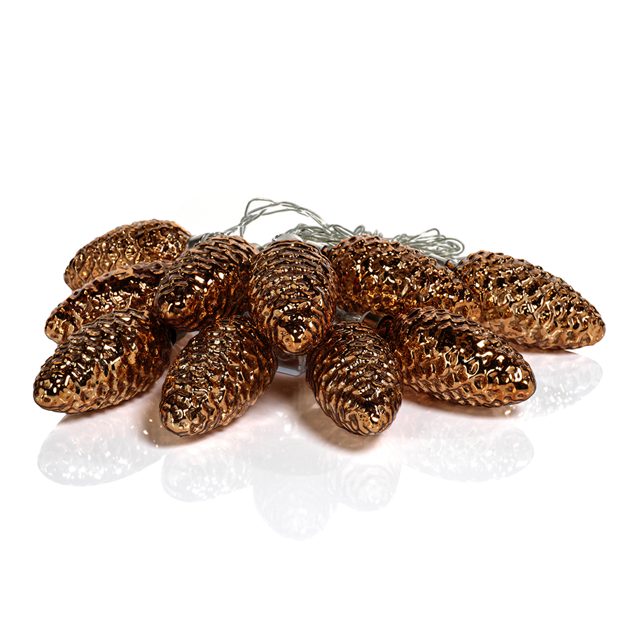 Set of 10 Pinecone LED String Lights in Gift Box - Gold