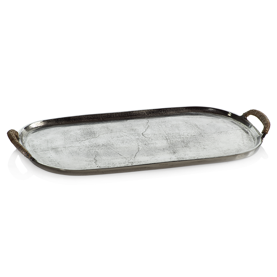 Mauritius Raw Aluminum Tray w/Cane Wrapped Handles - Trays by Carlyle Avenue