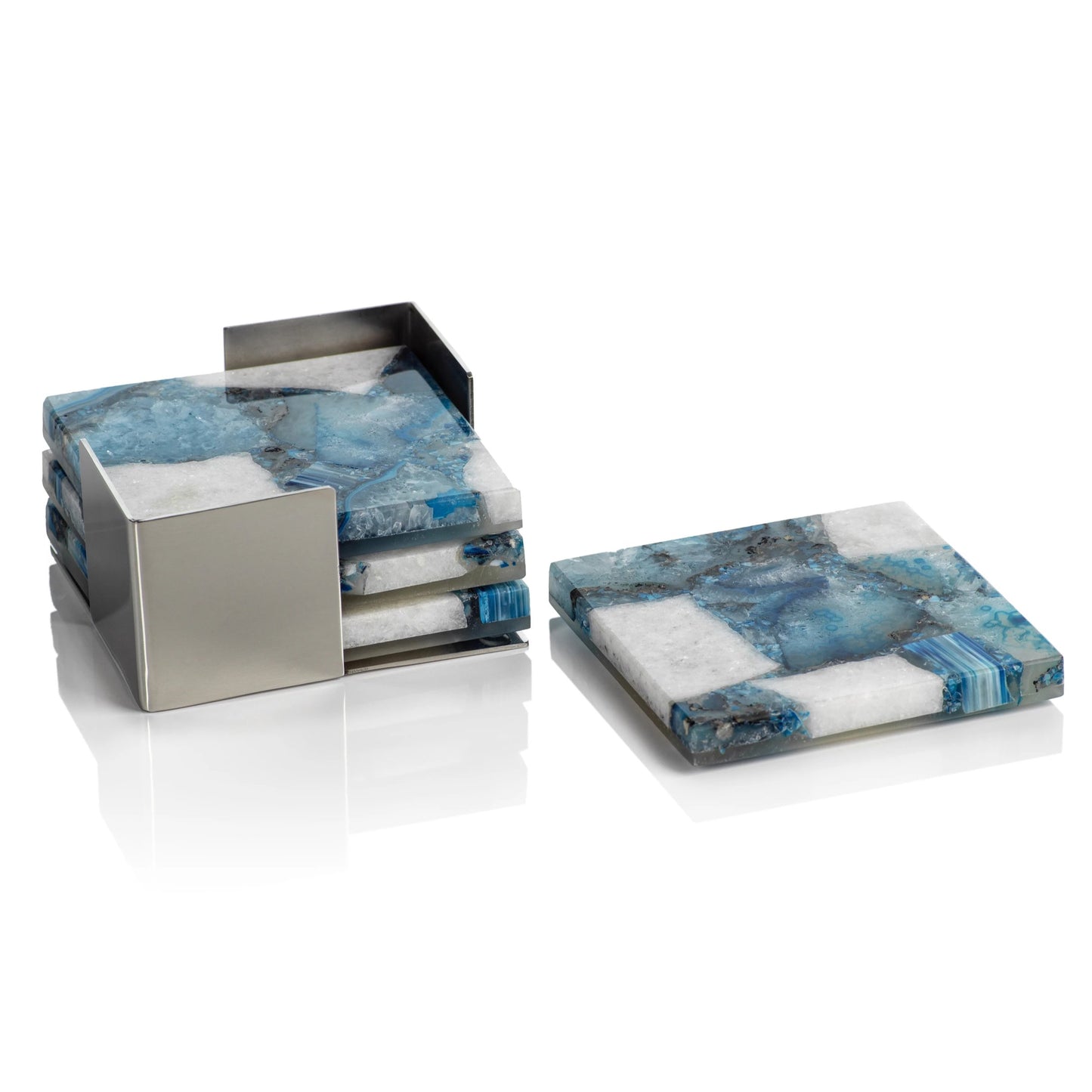 Set/4 Crete Agate Coasters on Metal Tray - Blue/White - Coasters by Carlyle Avenue