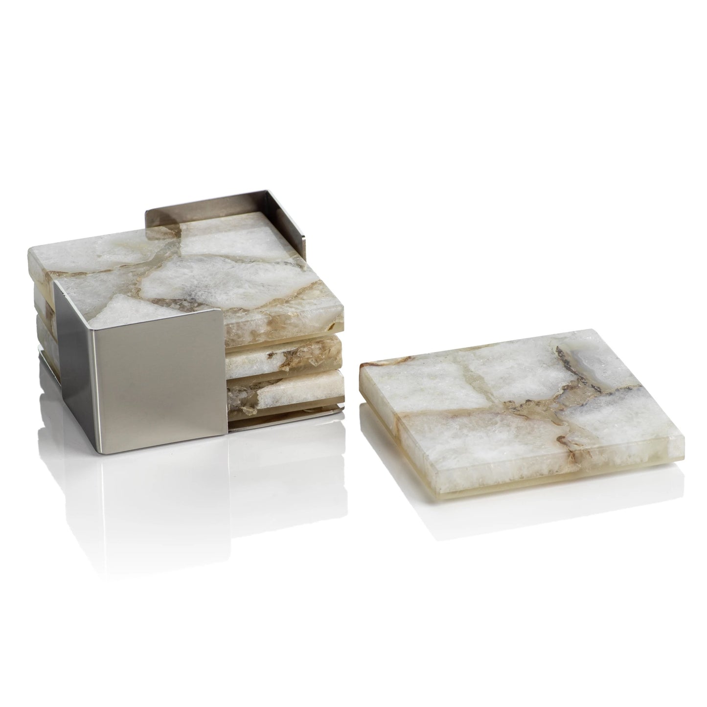 Set/4 Crete Agate Coasters on Metal Tray - Taupe/White - Coasters by Carlyle Avenue