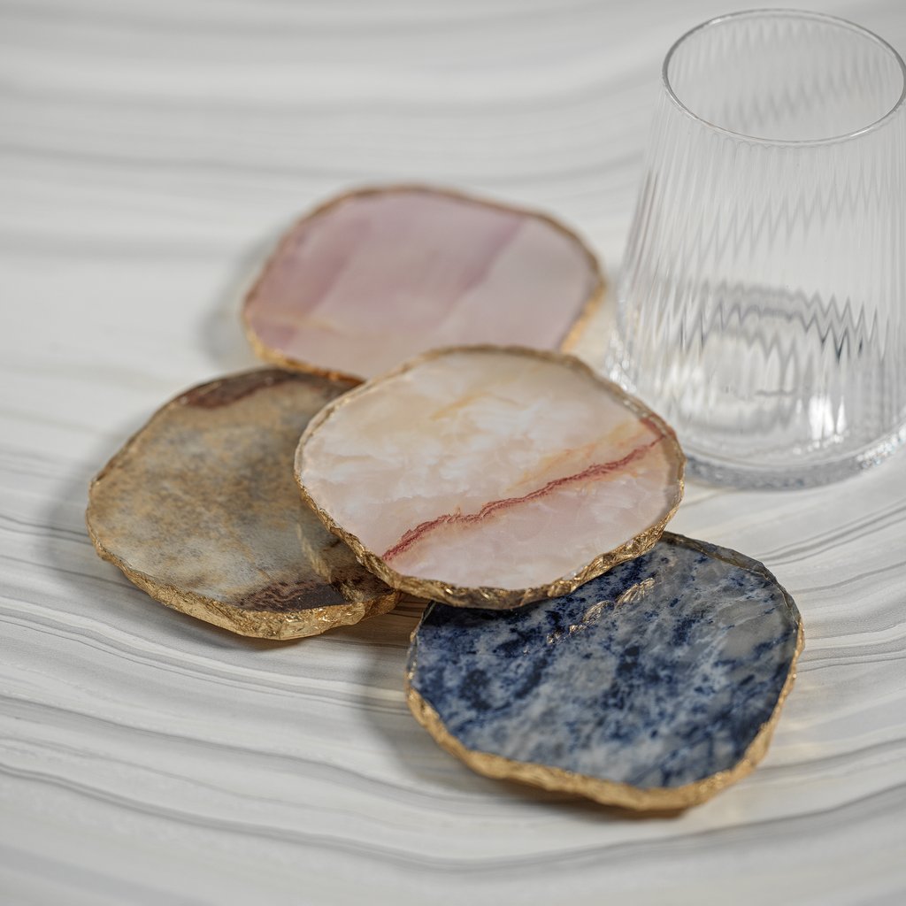 Agate Marble Glass Coaster with Gold Rim - Set of 4