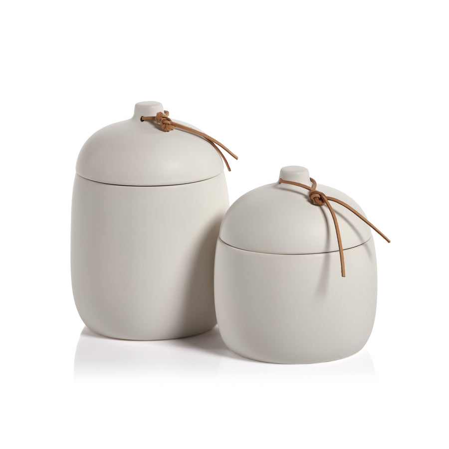 Prado Ceramic Canister with Leather Tie - White - Decorative Jars by Carlyle Avenue