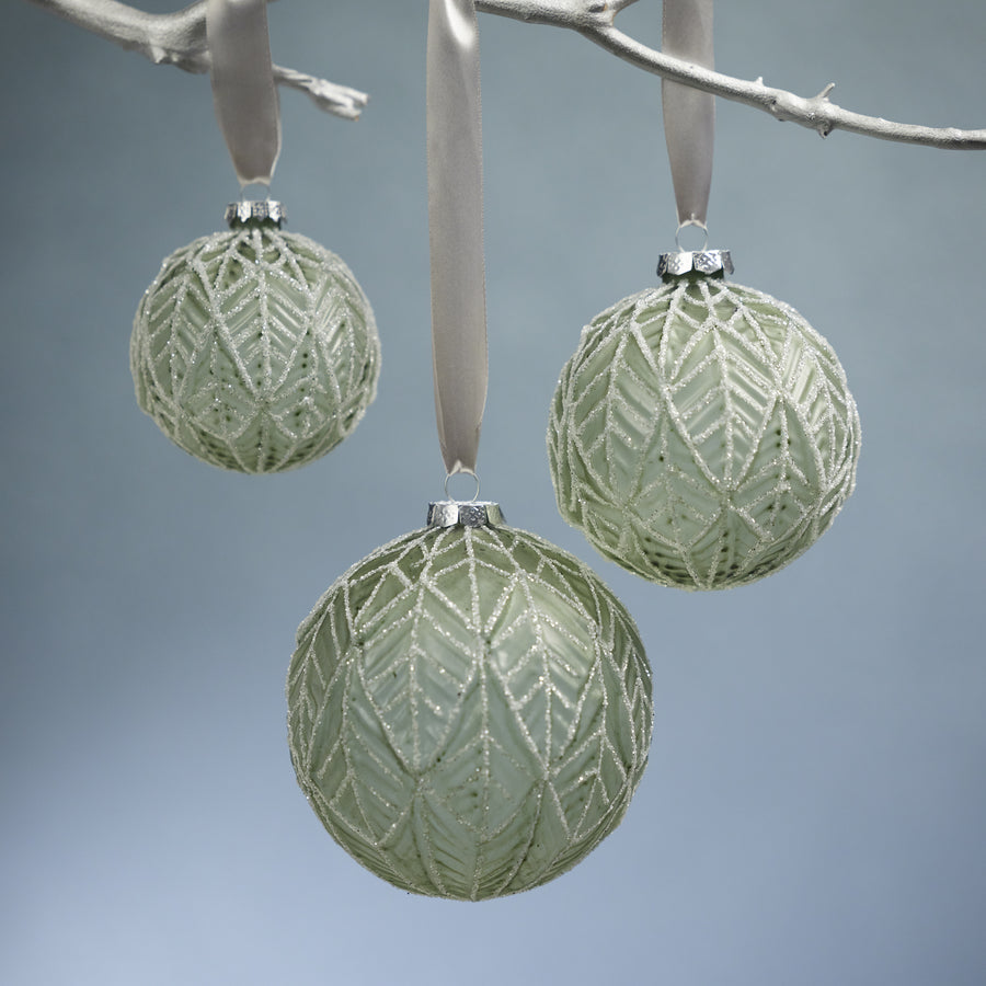 Embossed Green Leaves Glitter Glass Ball Ornament