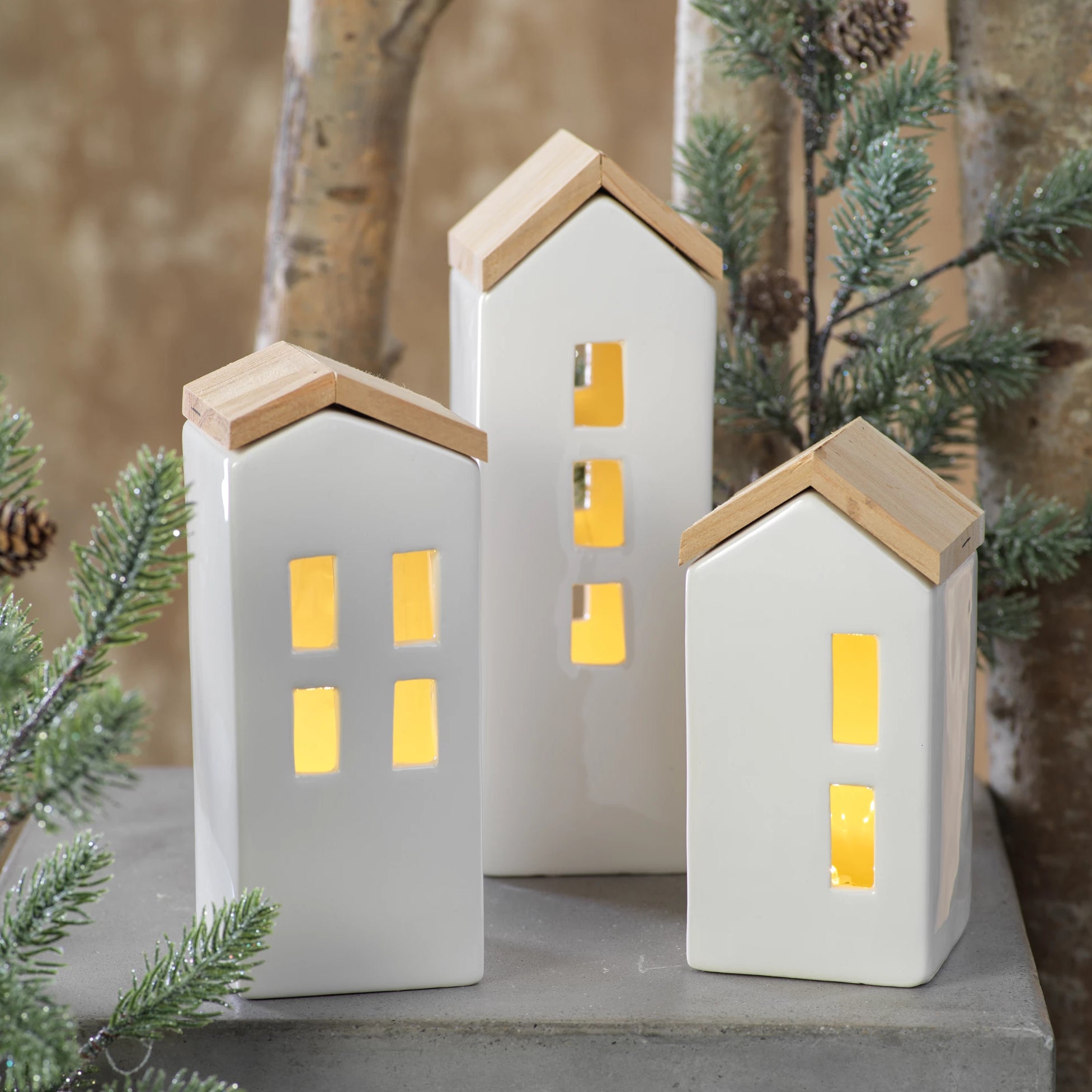 Set of 3 Ceramic LED Houses - CARLYLE AVENUE