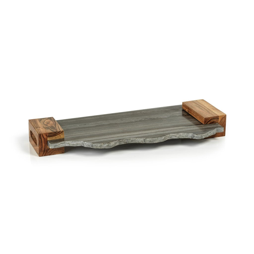 Gray Marble Tray w/Acacia Handles - Tray by Carlyle Avenue