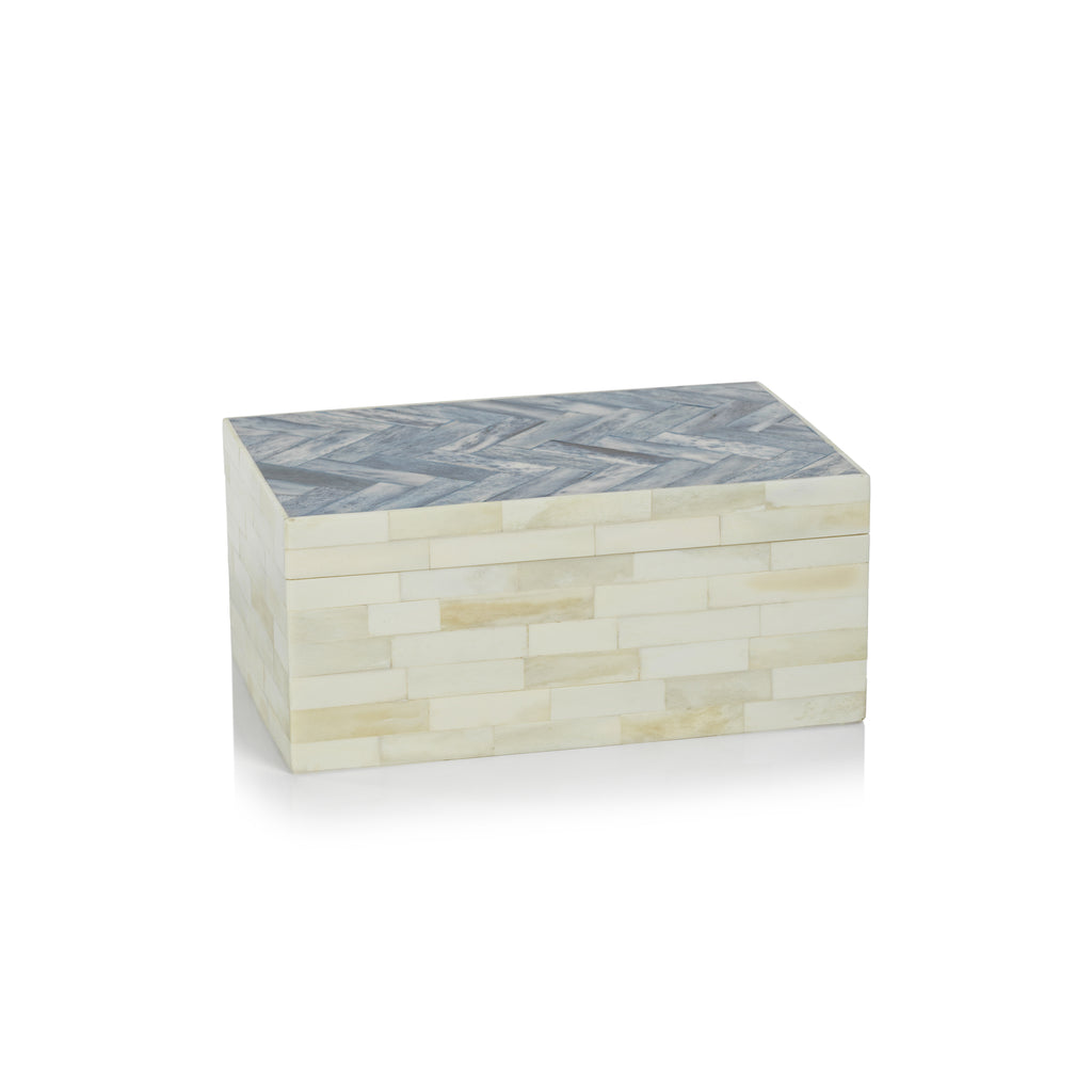 Côte d'Ivoire White Bone Box w/Blue Herringbone Pattern - Boxes by Carlyle Avenue