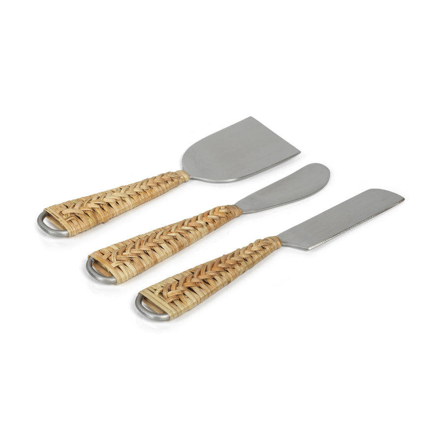 Rattan & Matte Steel Cheese Tools - Set of 3 - Tableware by Carlyle Avenue