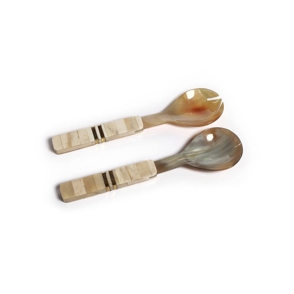 Variegated Horn w/Antique Bone and Brass Trim Salad Servers - Tableware by Carlyle Avenue