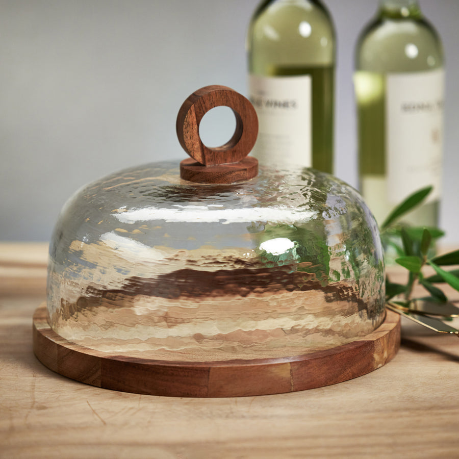 Artisan Wood Cheese Board w/Hammered Glass Cloche