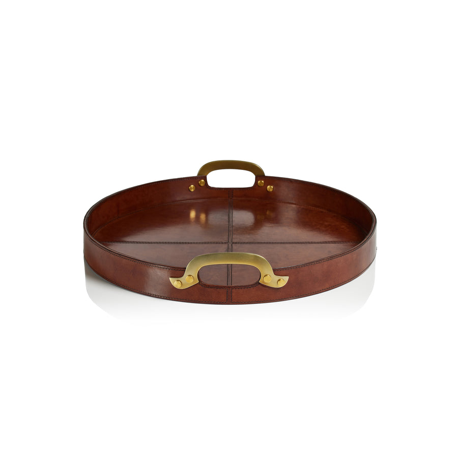 Aspen Leather w/Brass Handles Round Tray - Decorative Trays by Carlyle Avenue