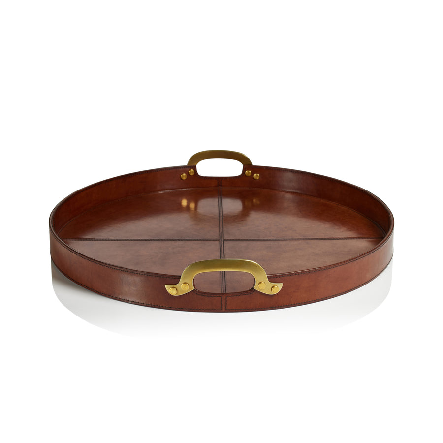 Aspen Leather w/Brass Handles Round Tray - Decorative Trays by Carlyle Avenue