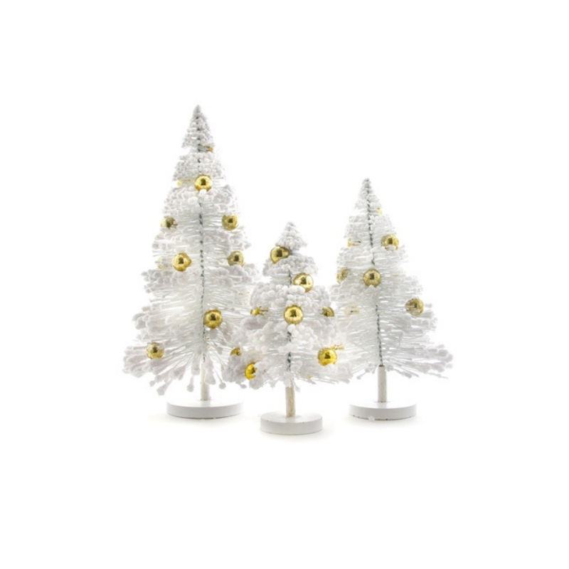 Set of 3 Snow Forest Trees - White w/Gold Balls