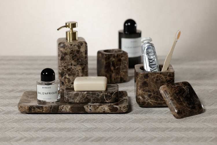 marble trays and containers, diffuser and candle