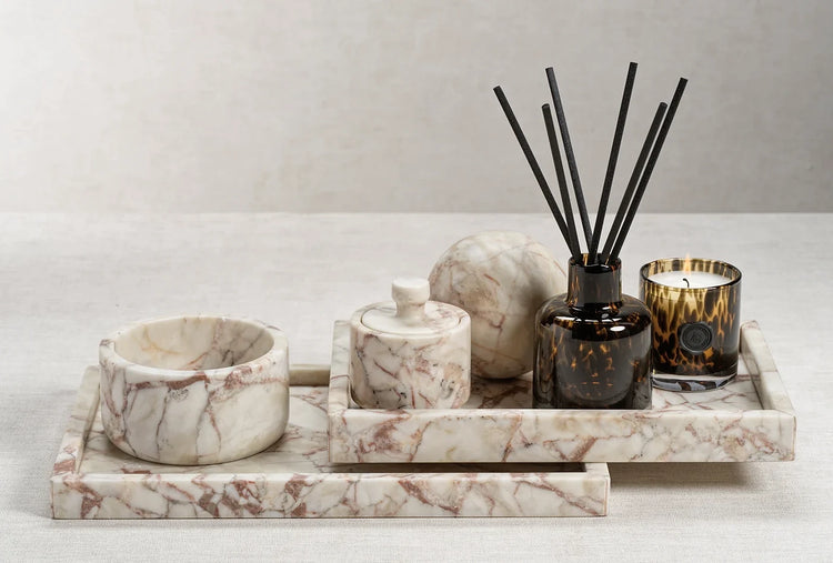 marble trays and containers, diffuser and candle