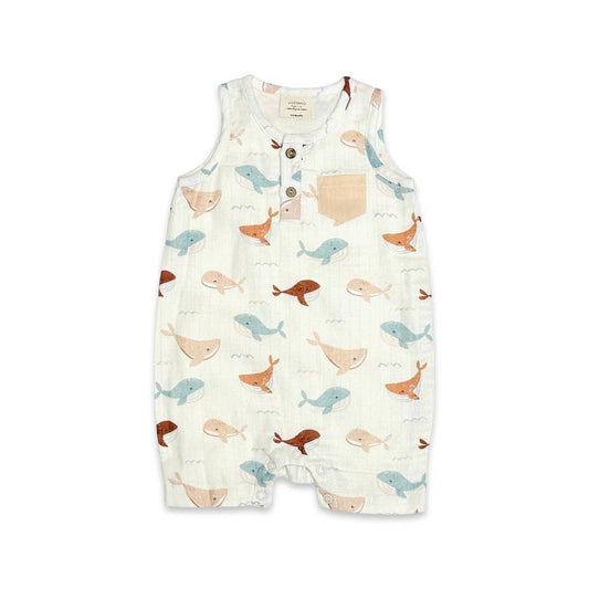 Whales Henley Baby Short Romper (Organic Muslin)