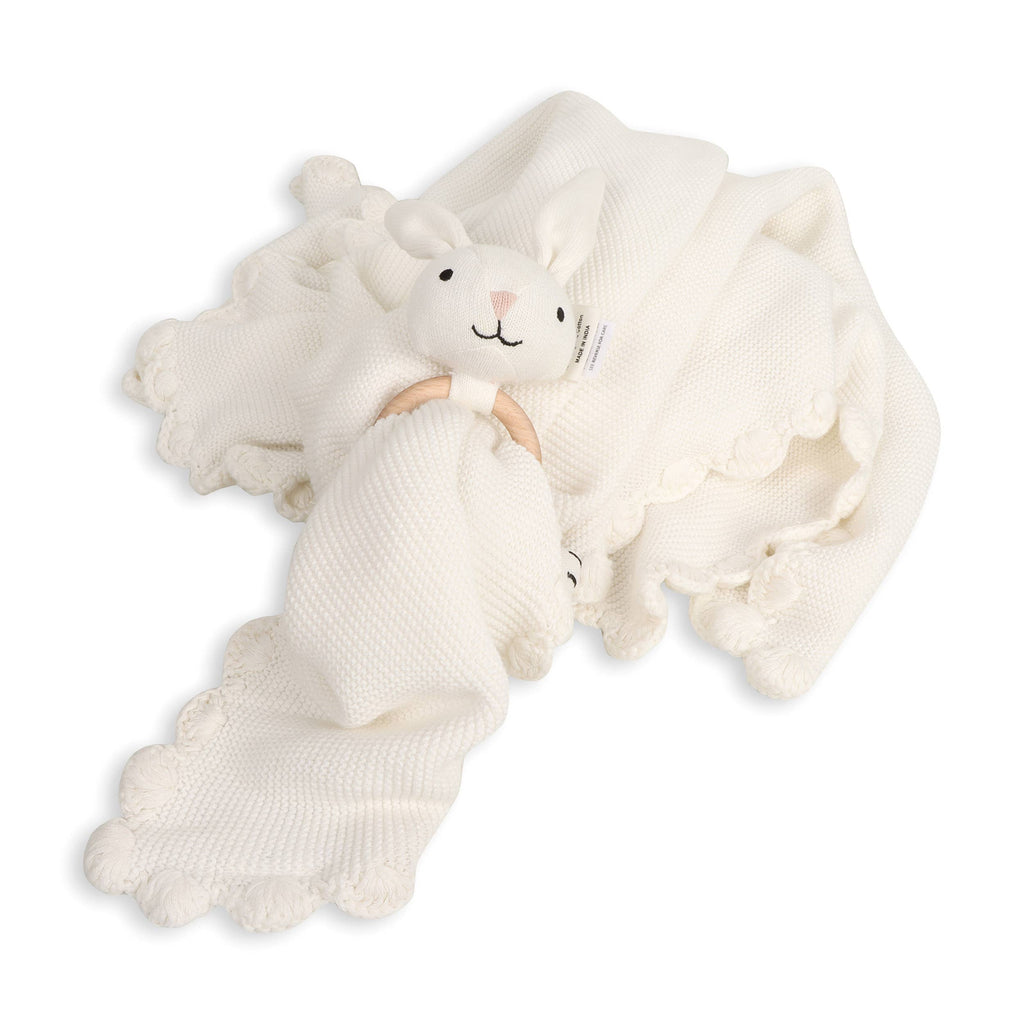 Scallop Edge Classic Knit Baby Blanket + Bunny Rattle SET -  by Carlyle Avenue