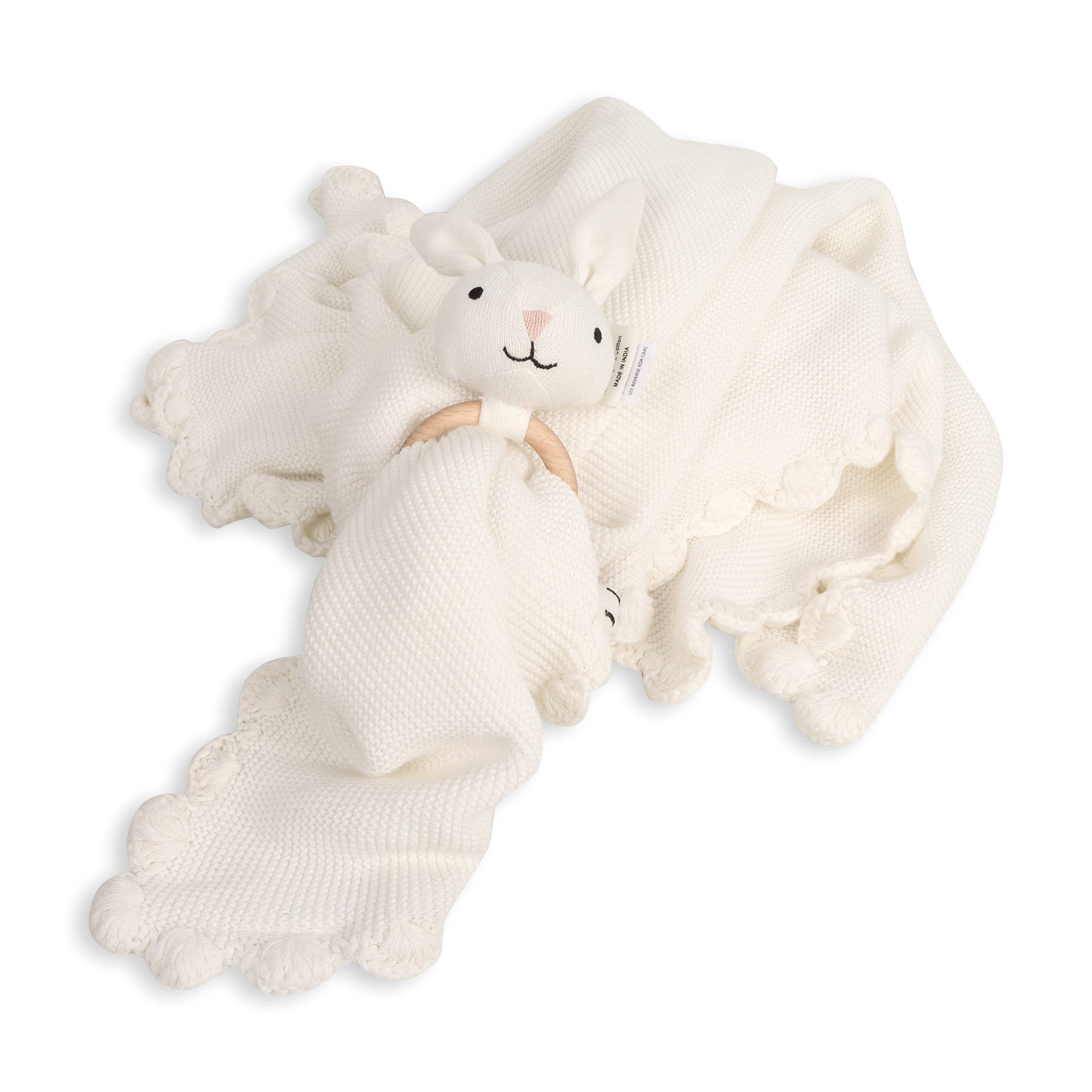 Scallop Edge Classic Knit Baby Blanket + Bunny Rattle SET -  by Carlyle Avenue