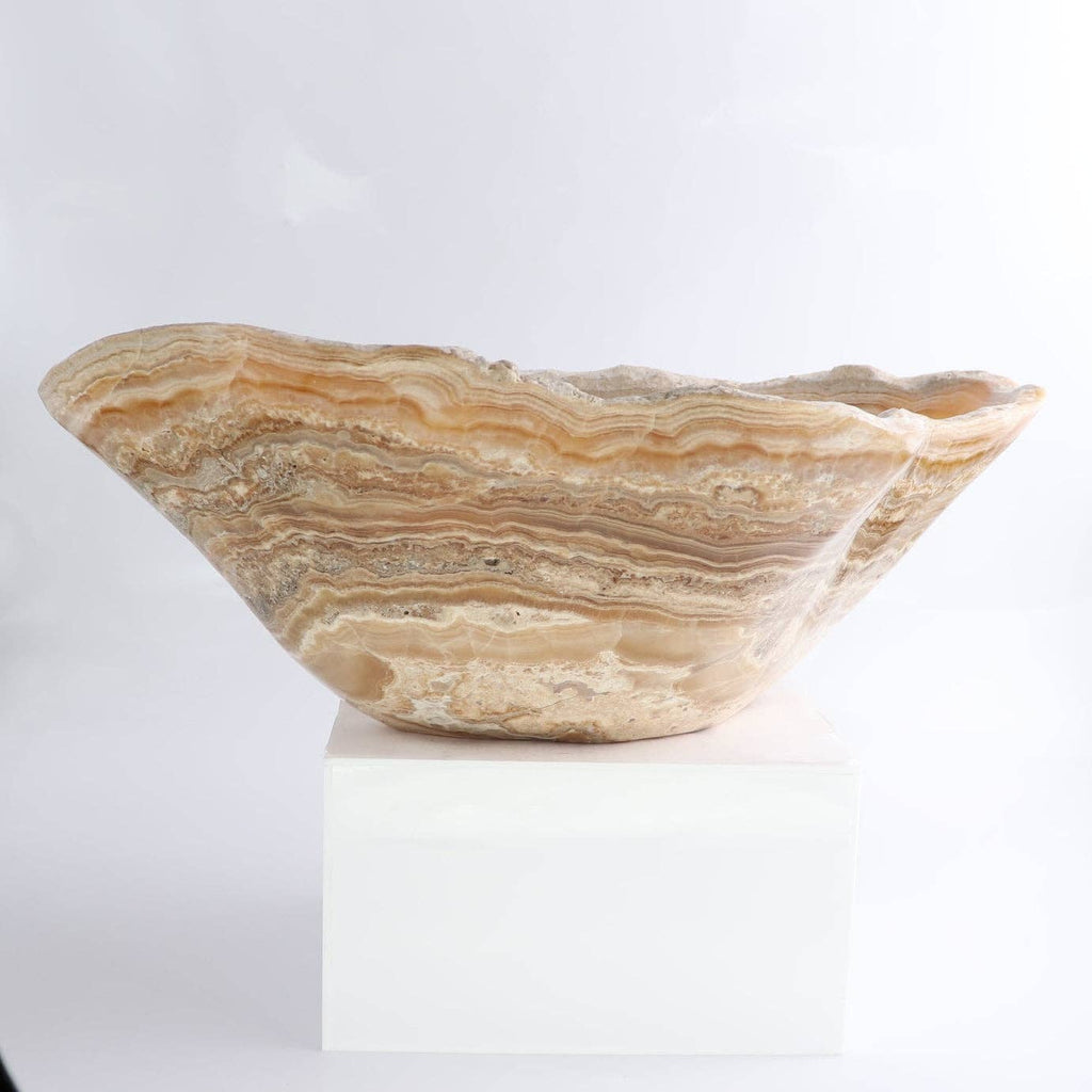 Mexican Onyx/Calcite Bowl 16" showcasing warm amber and honey-toned banding with an organic, hand-carved design.