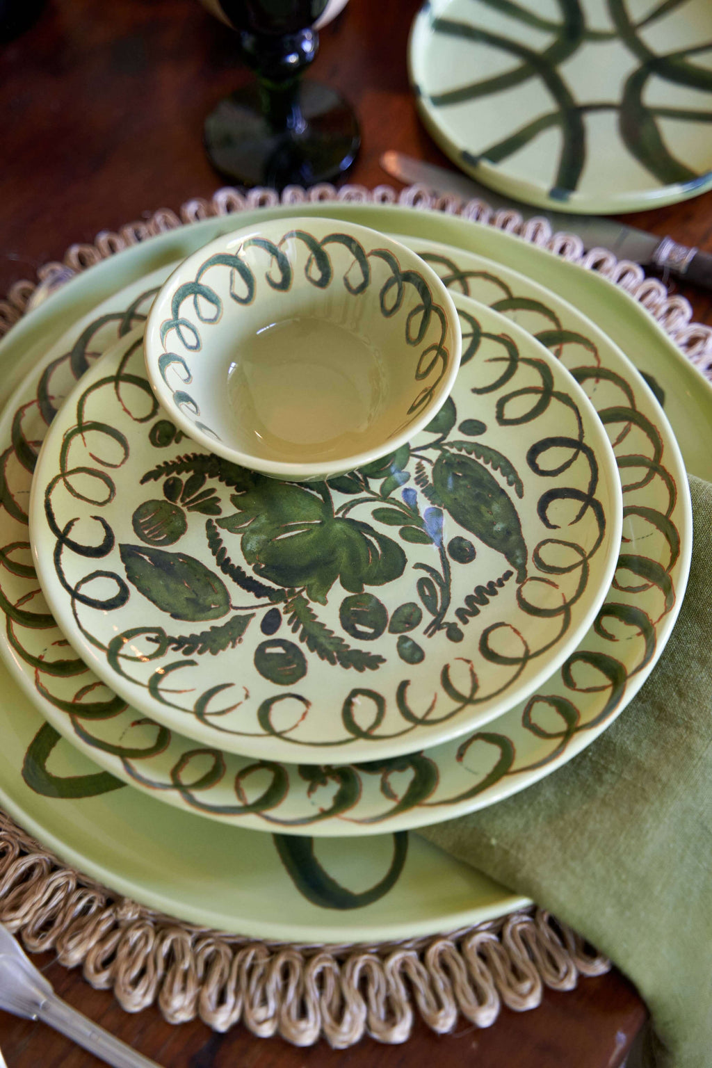 Amalfi Dinner Plate Lime - 10.6" Diameter styled with matching bowl and greenery on a rustic table.