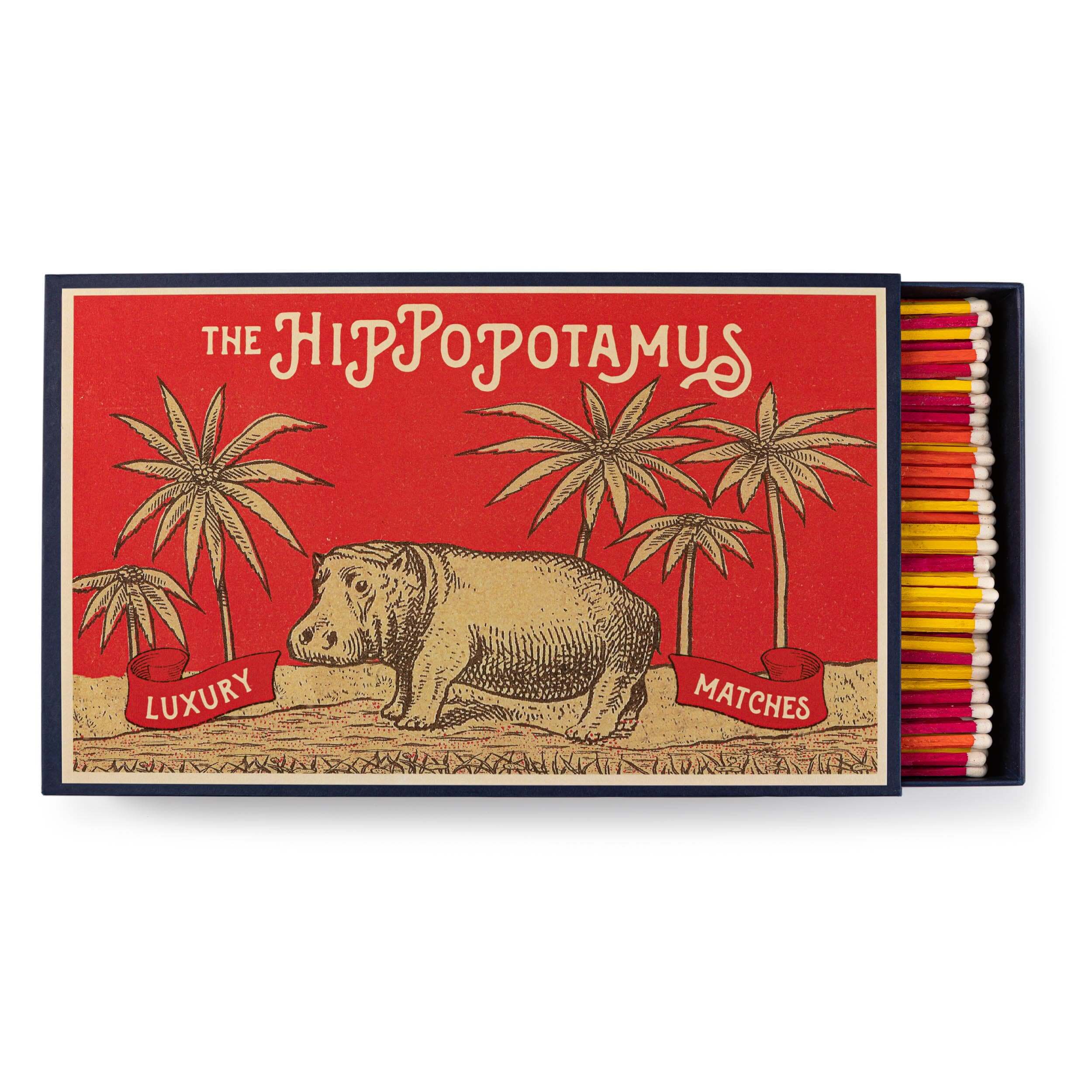 Hippopotamus | Giant - Safety Matches matchbox featuring a hippopotamus and palm trees, vibrant design with colorful matchsticks.