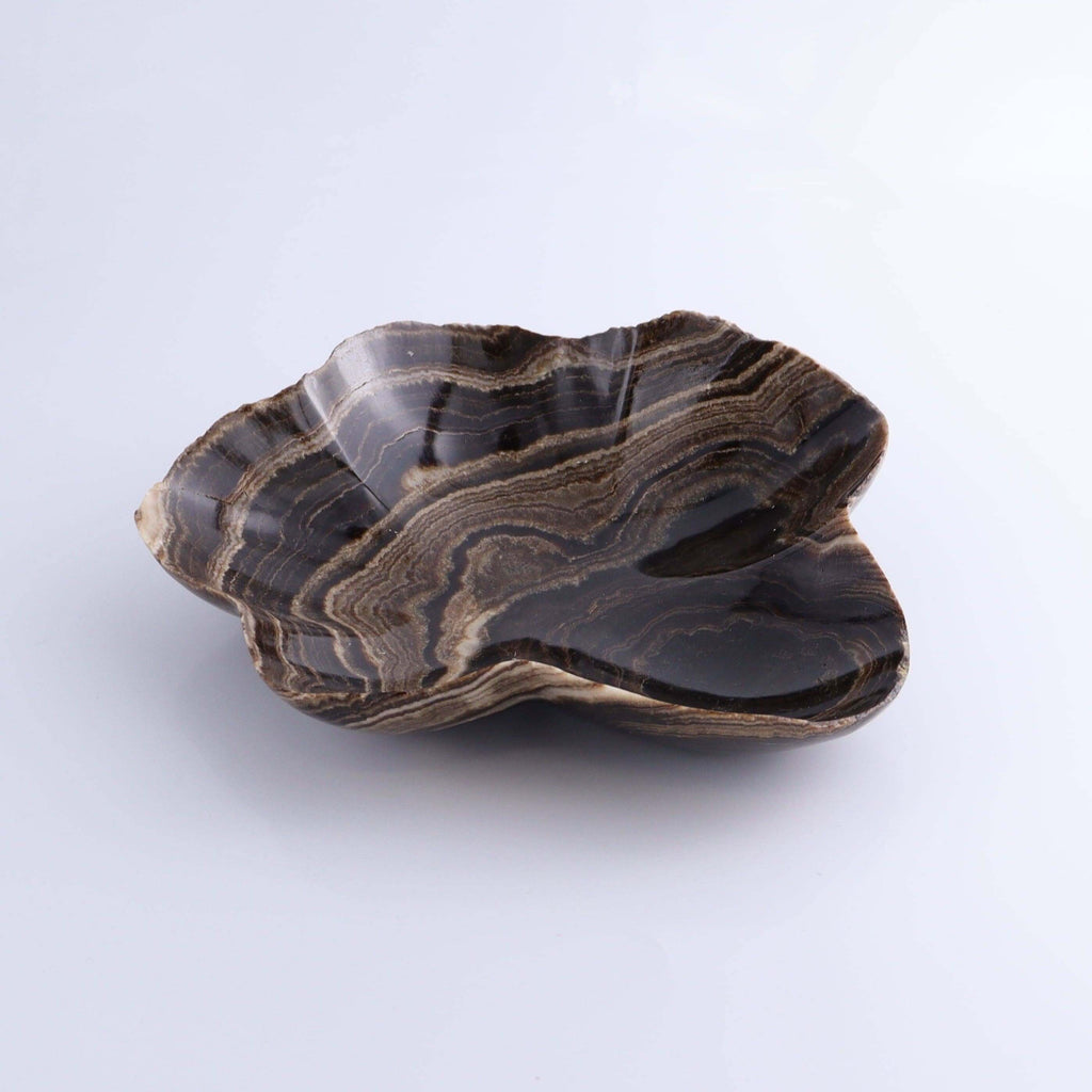 Mexican Onyx/Calcite Chocolate BOWL OOAK with unique patterns and polished edge, showcasing natural beauty.