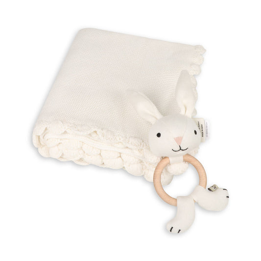 Scallop Edge Classic Knit Baby Blanket + Bunny Rattle SET