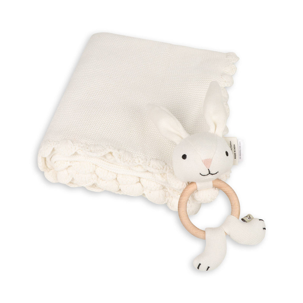 Scallop Edge Classic Knit Baby Blanket + Bunny Rattle SET -  by Carlyle Avenue