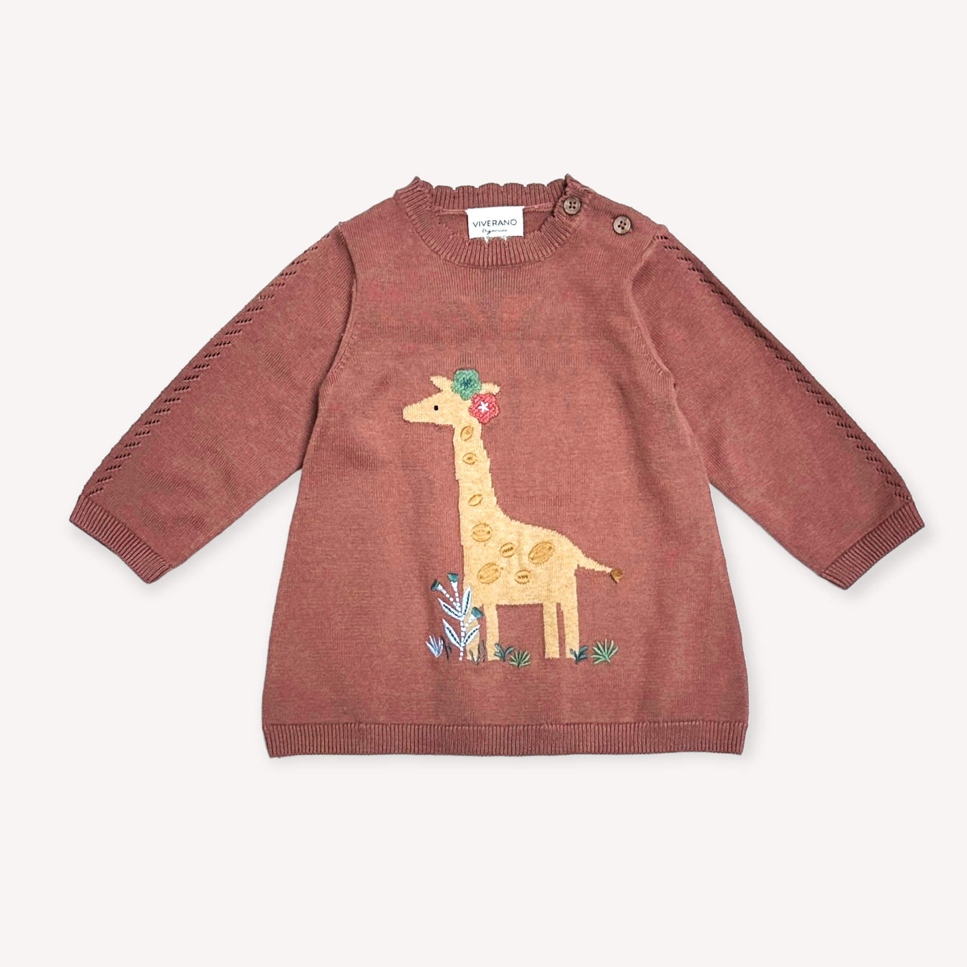 Giraffe Jacquard Pointelle Baby Sweater Knit Dress (Organic) 3-6m