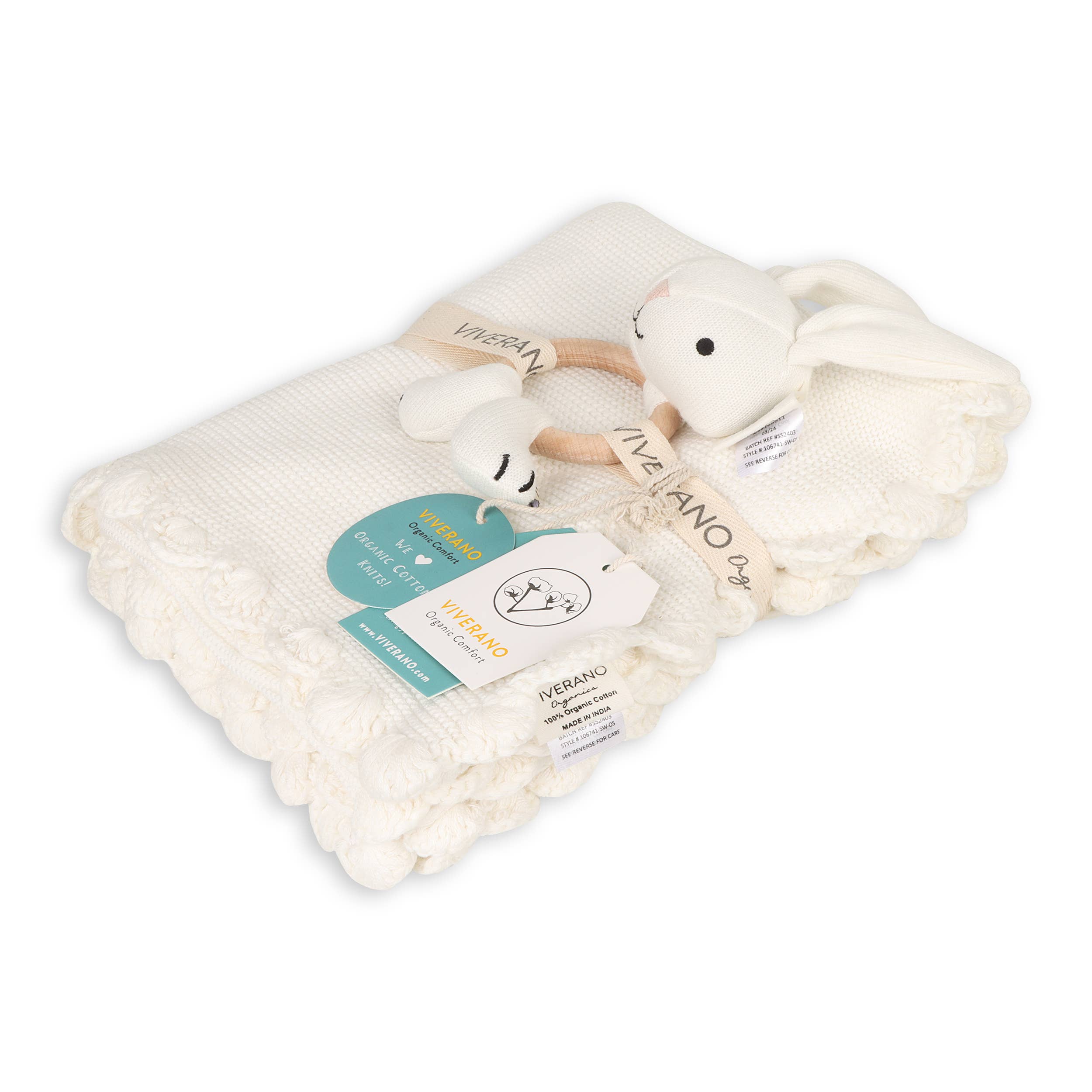 Scallop Edge Classic Knit Baby Blanket + Bunny Rattle SET -  by Carlyle Avenue