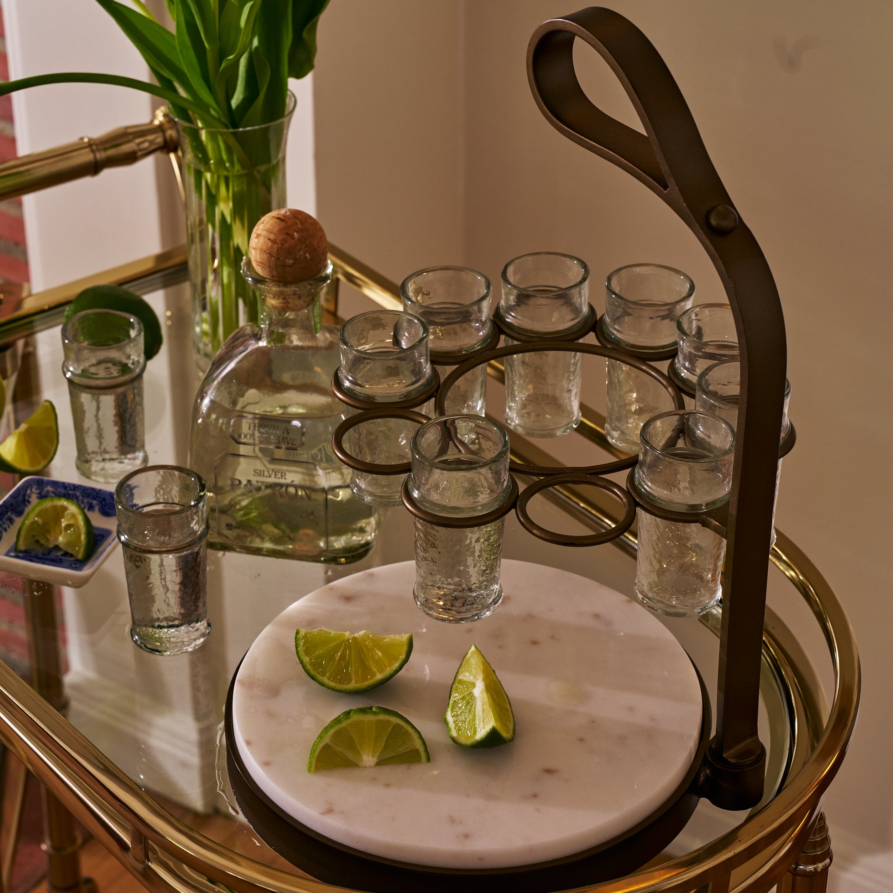 Tequilero 10 Shot Tequila Set with Marble Cutting Board - Gold
